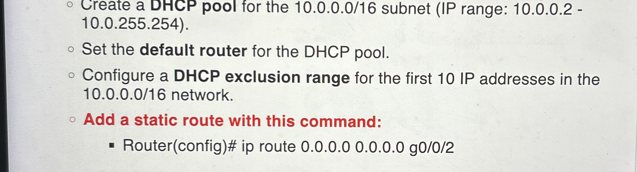 Create a DHCP pool for the 1 0 . 0 . 0 . 0 / 1 6