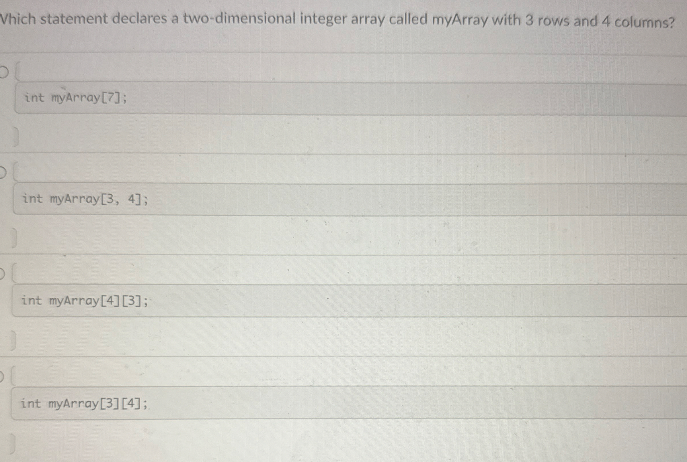 Vhich statement declares a two - dimensional