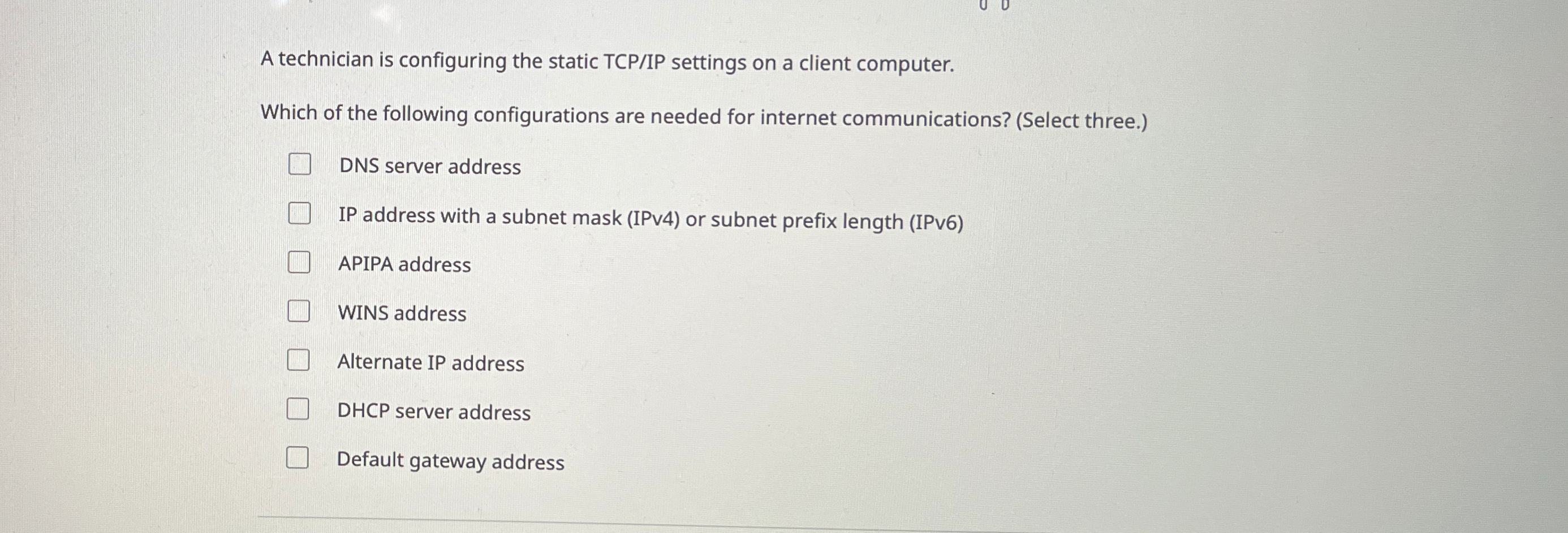 A technician is configuring the static TCP / IP