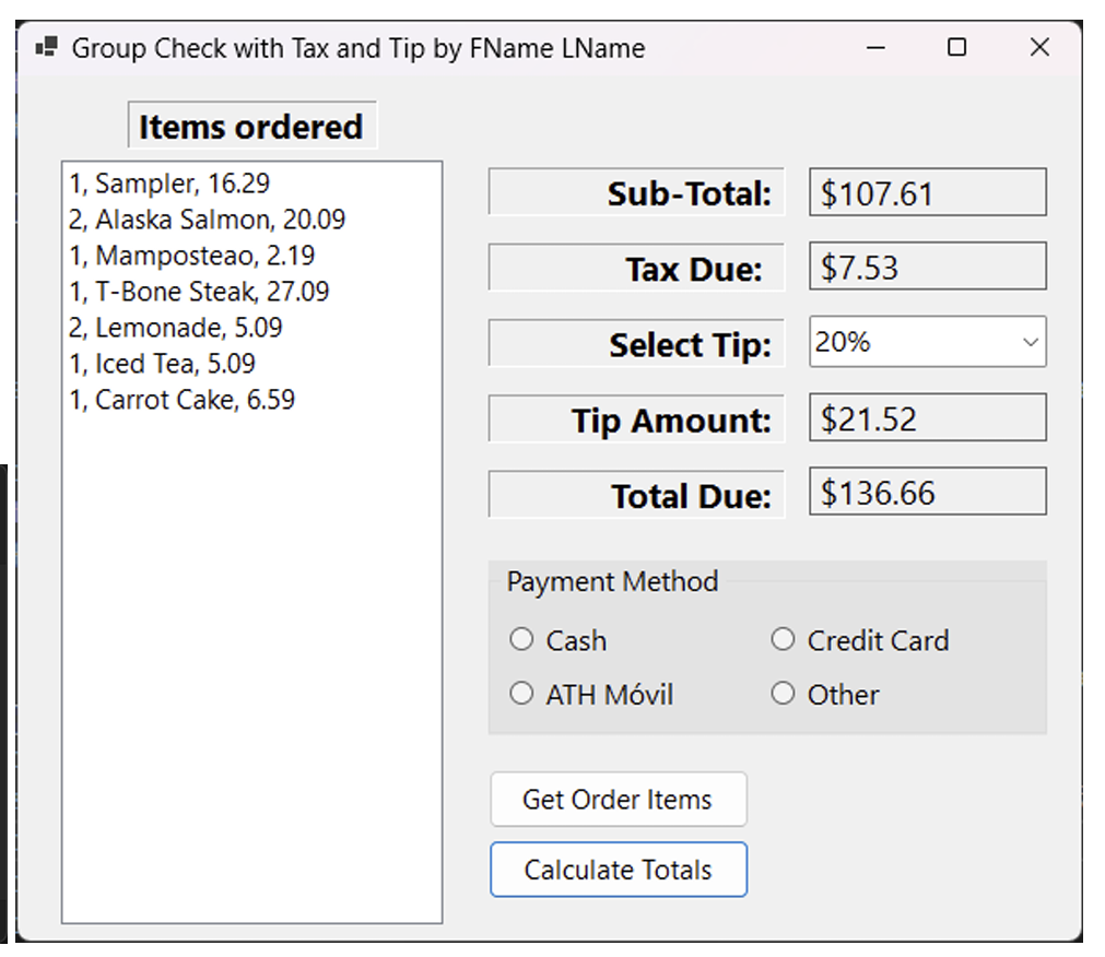 Group Check with Tax and Tip by FName LName Items