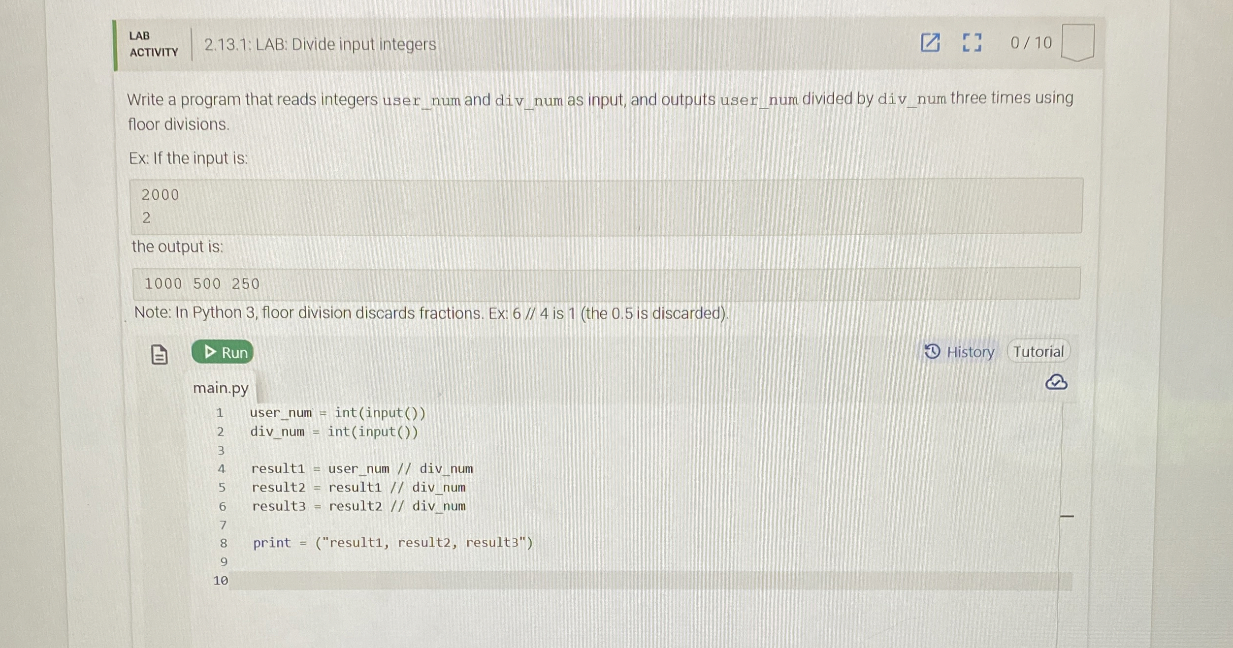 LAB ACTIVITY 2 . 1 3 . 1 : LAB: Divide input