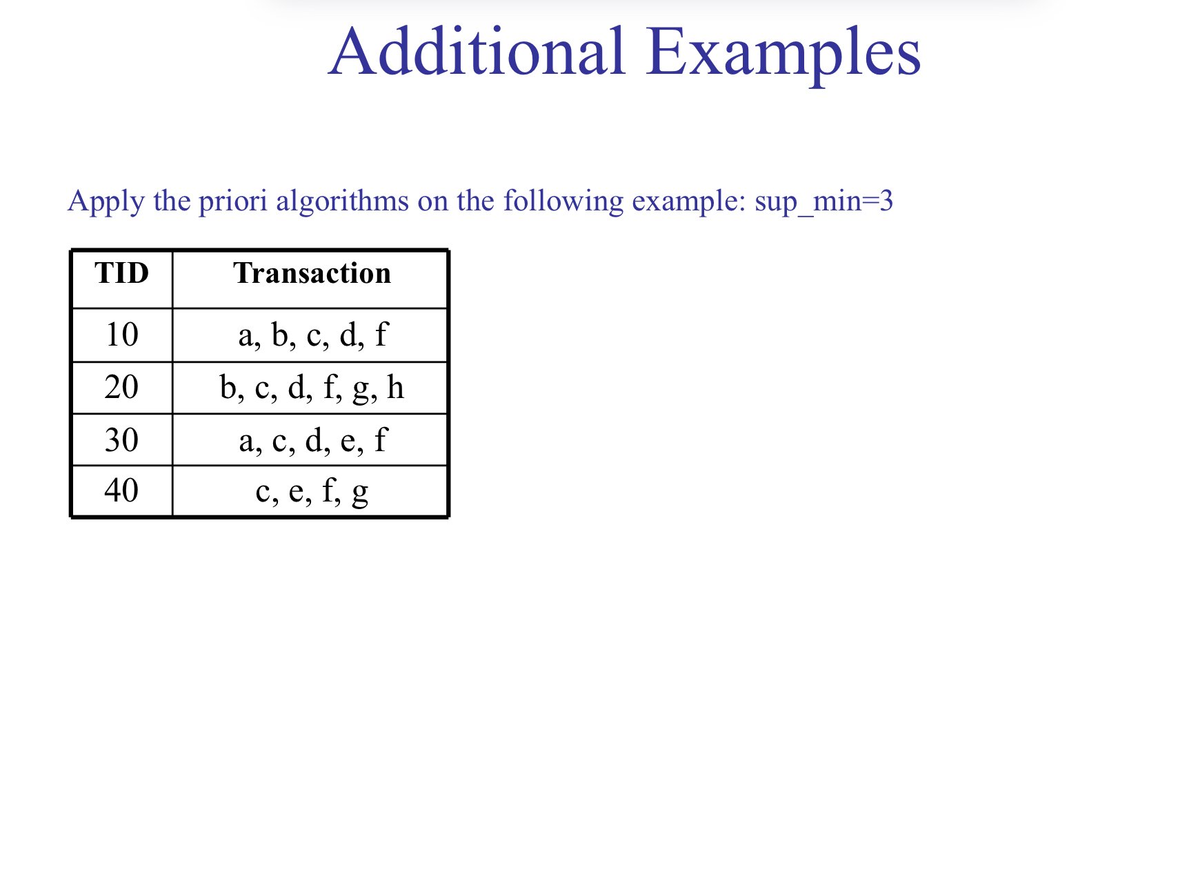 Additional Examples Apply the priori algorithms