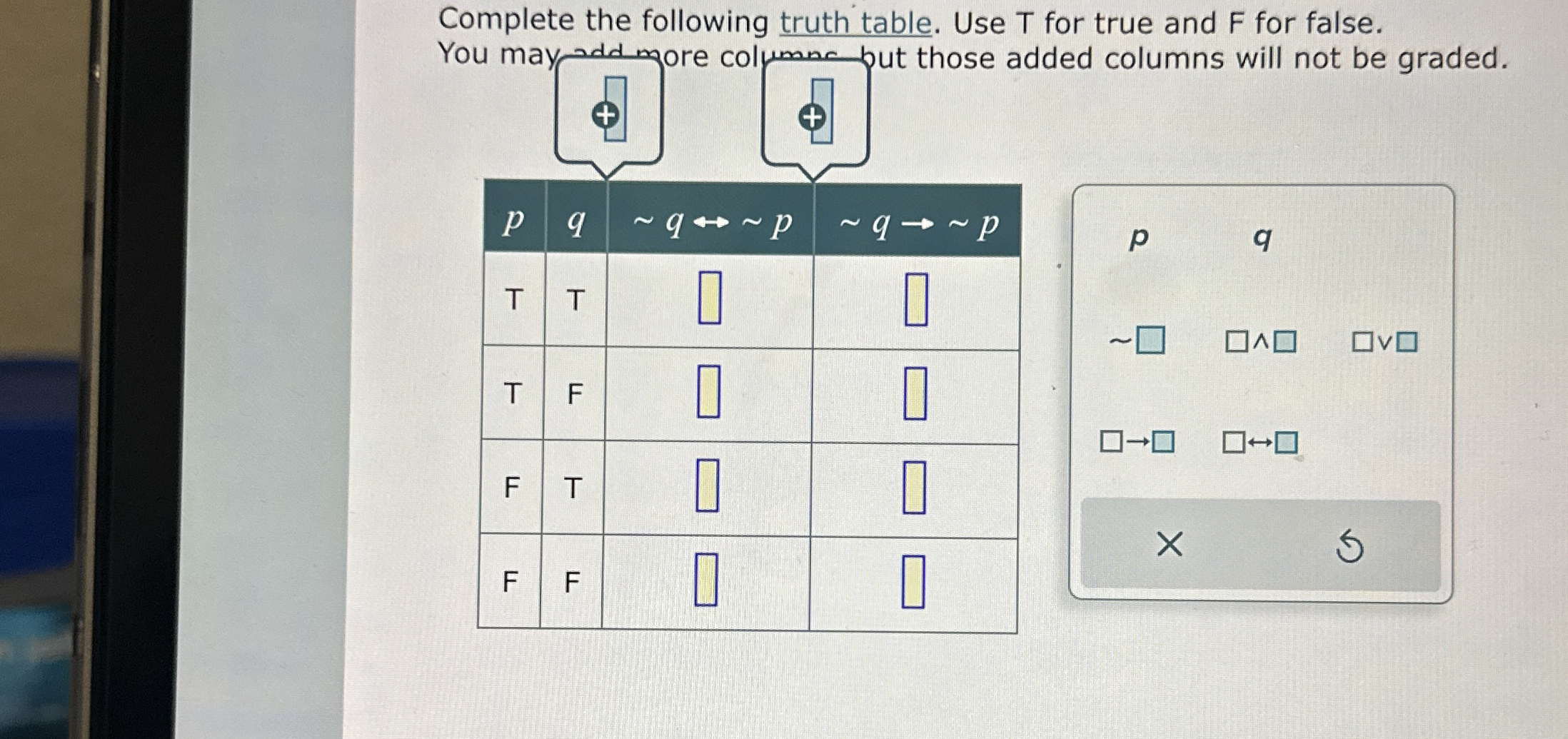 Complete the following truth table. Use T for
