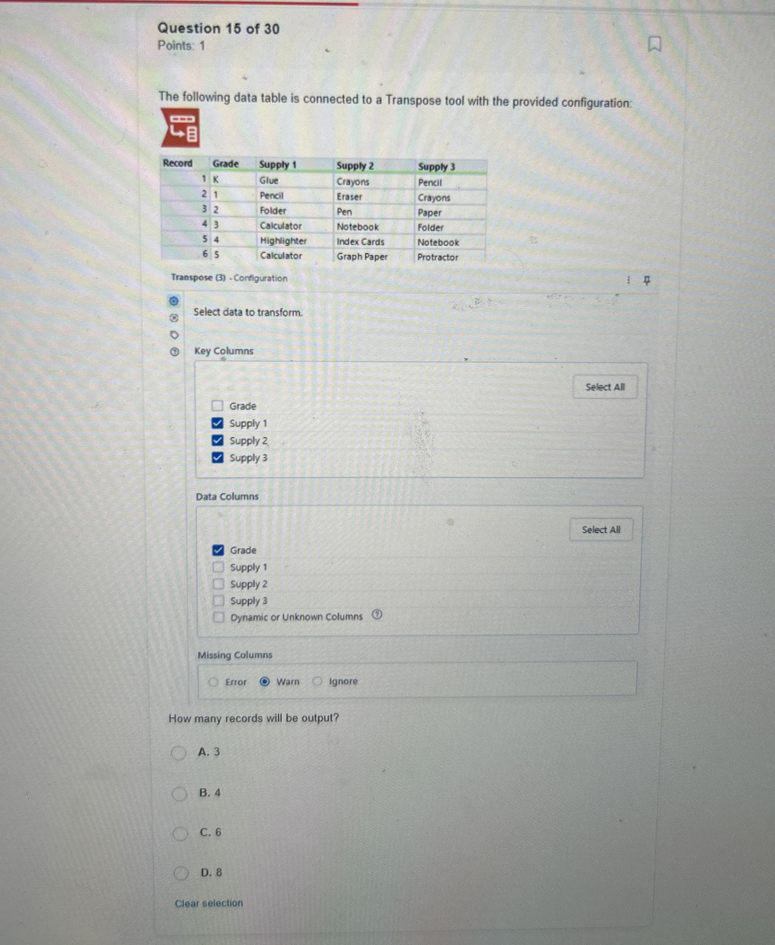 Question 1 5 of 3 0 Points: 1 The following data