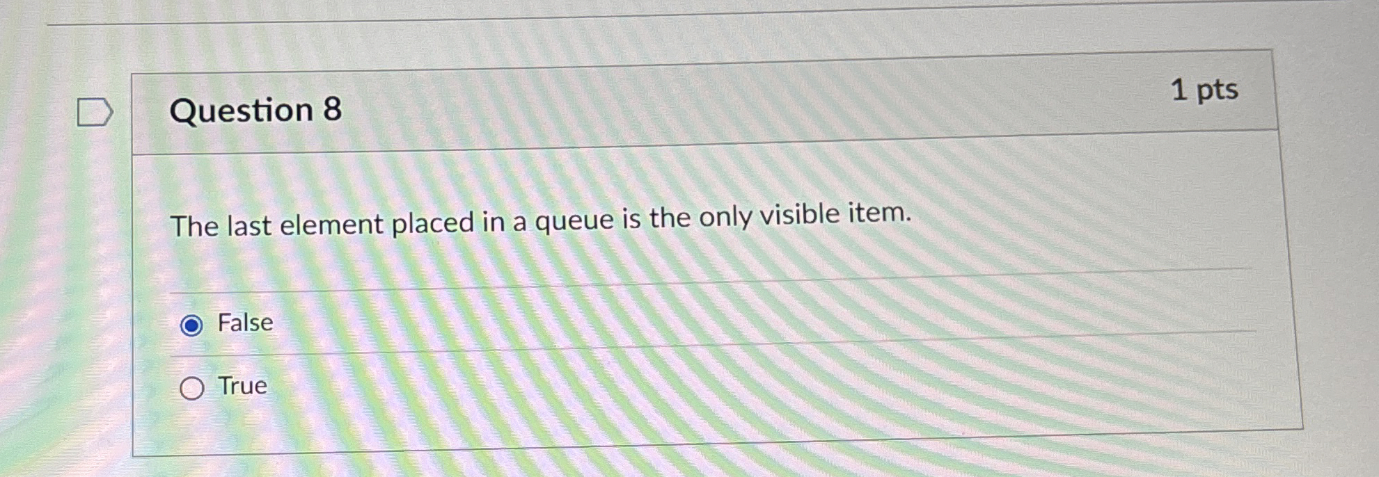 Question 8 The last element placed in a queue is