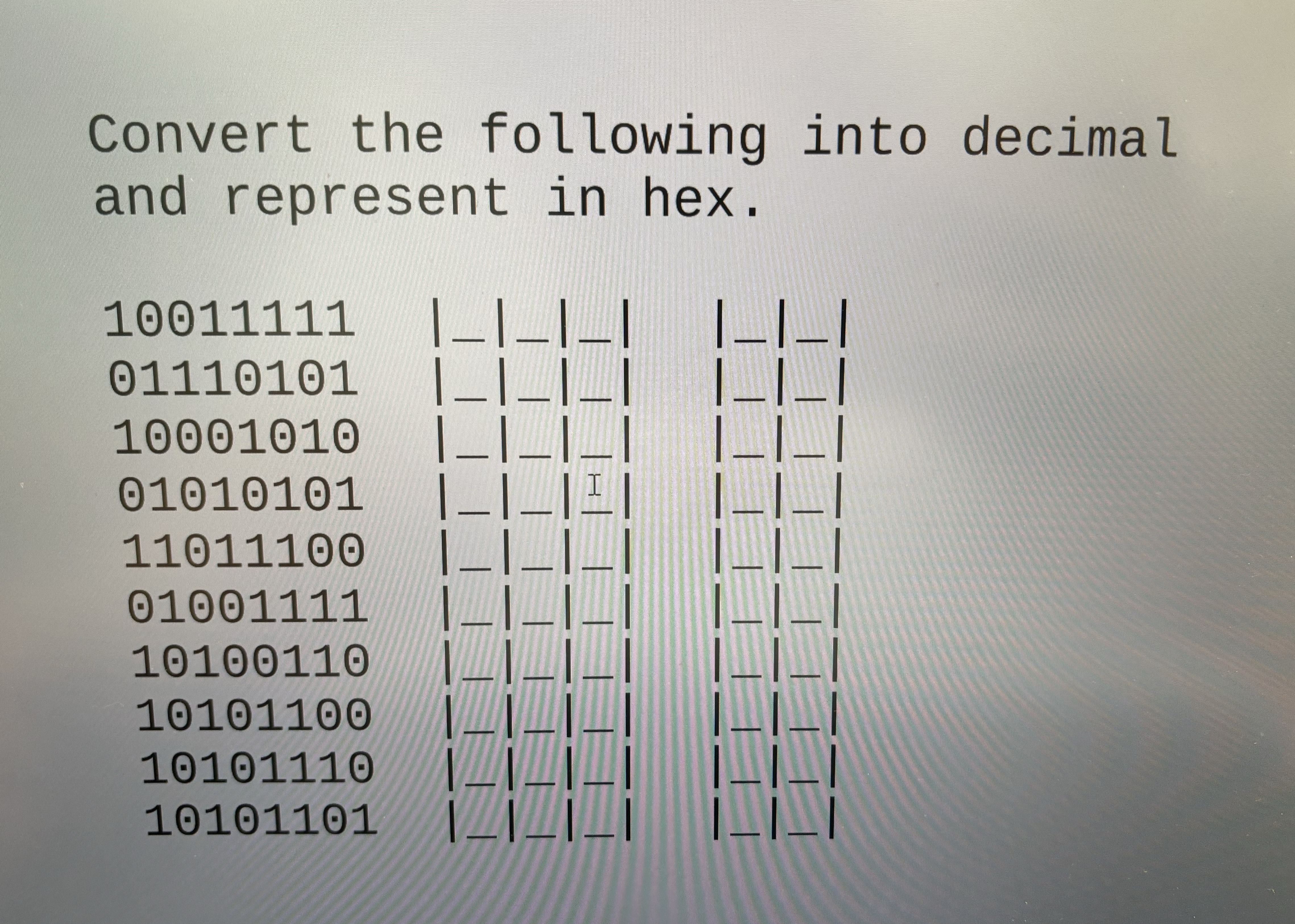 Convert the following into decimal and represent