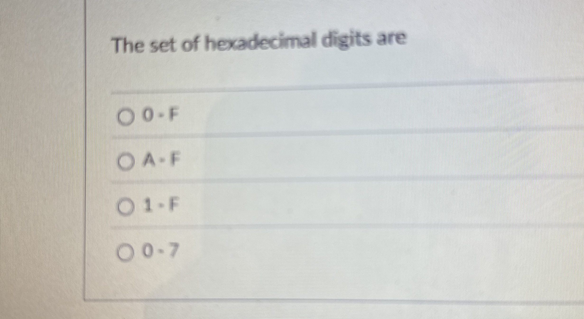 The set of hexadecimal digits are O - F A - F 1 -