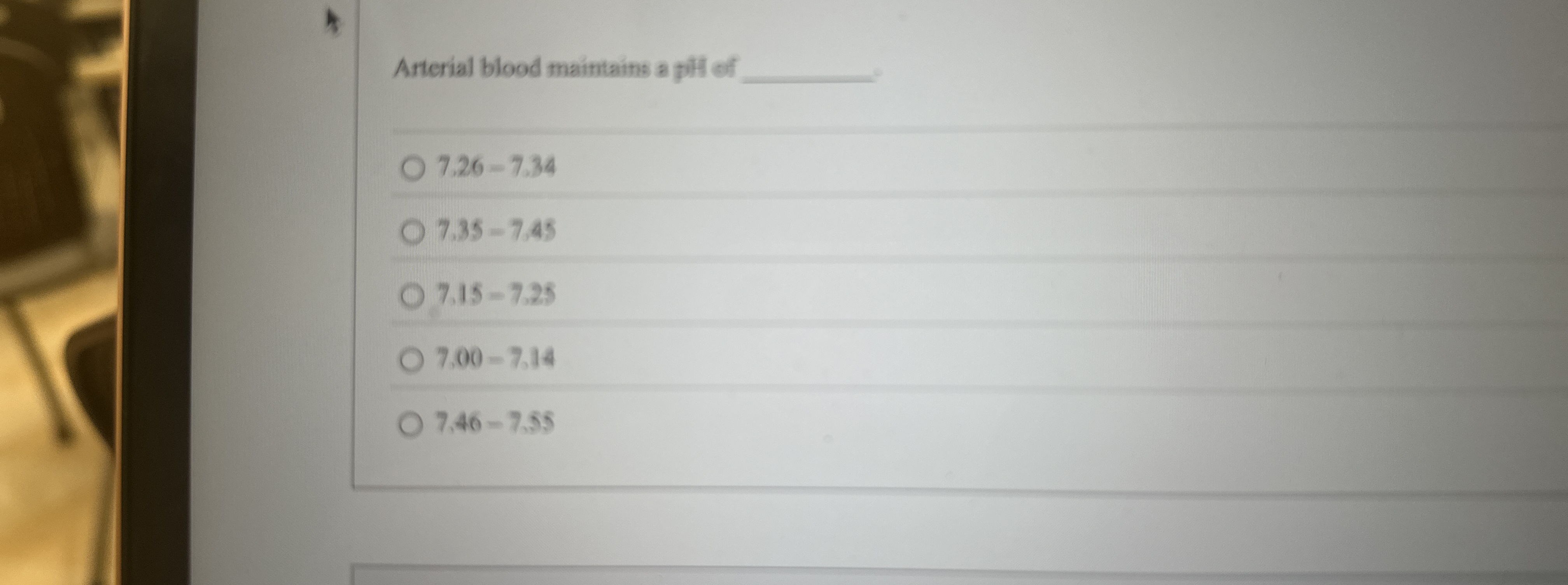 Arterial blood maintains a pitf of 7 . 2 6 = 7 .