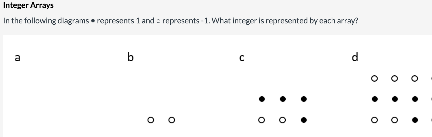 Integer Arrays 1 ) a = ? 2 ) b = ? 3 ) c = ? 4 )