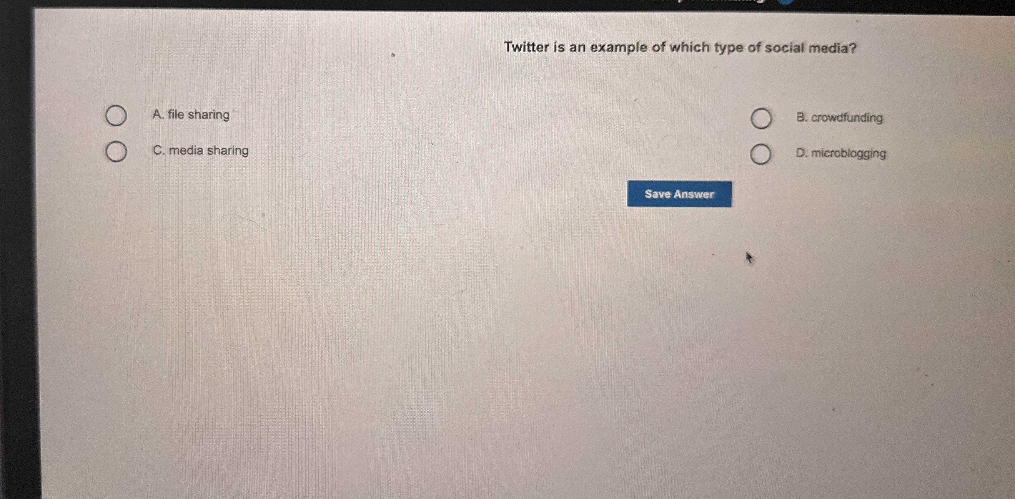 Twitter is an example of which type of social