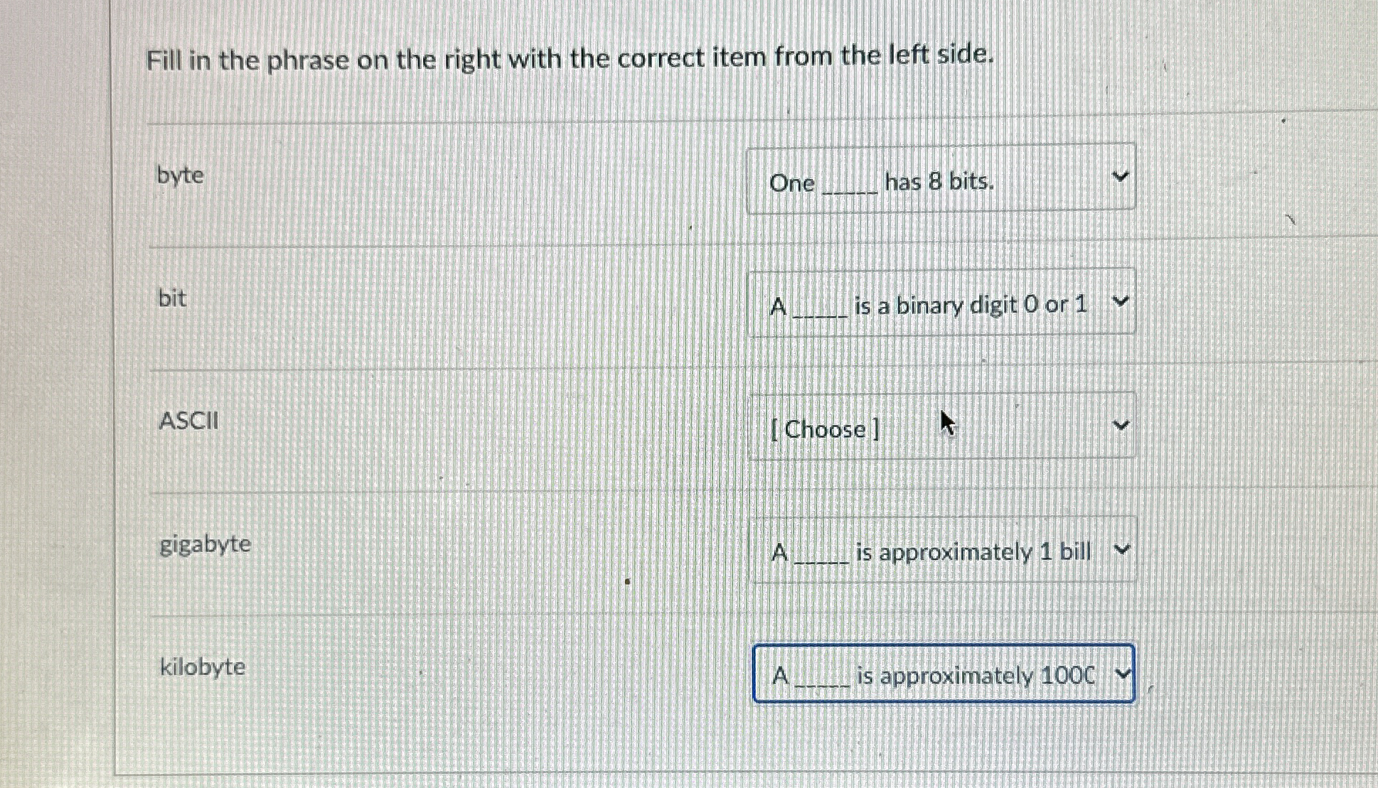 Fill in the phrase on the right with the correct