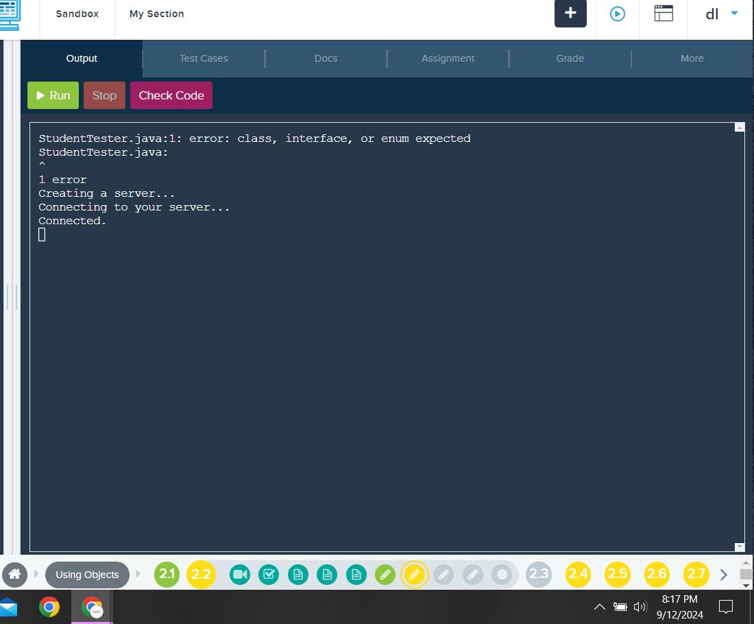 StudentTester.java: 1 : error: class, interface,
