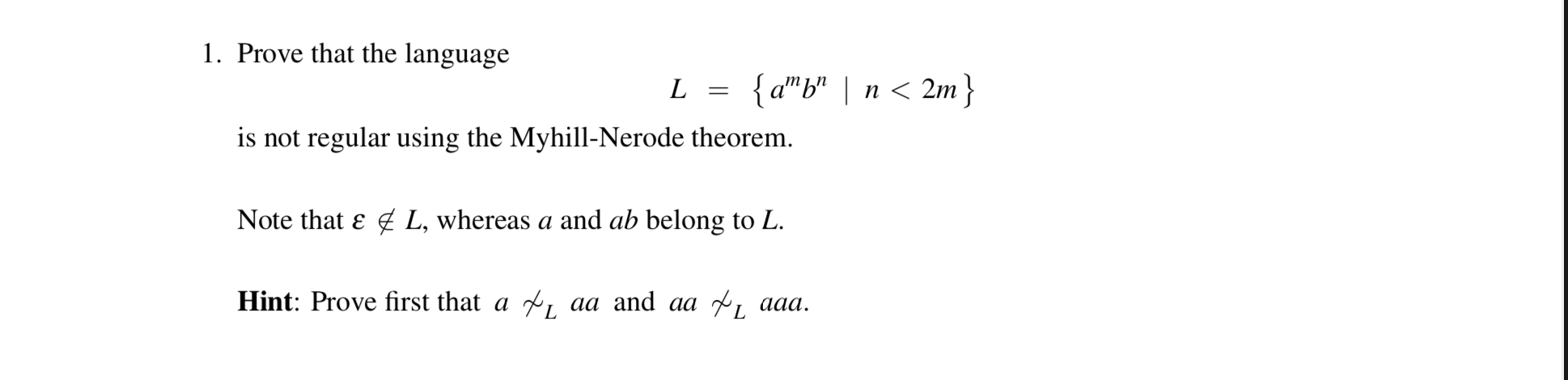 Prove that the language L = { a m b n | n < 2 m }