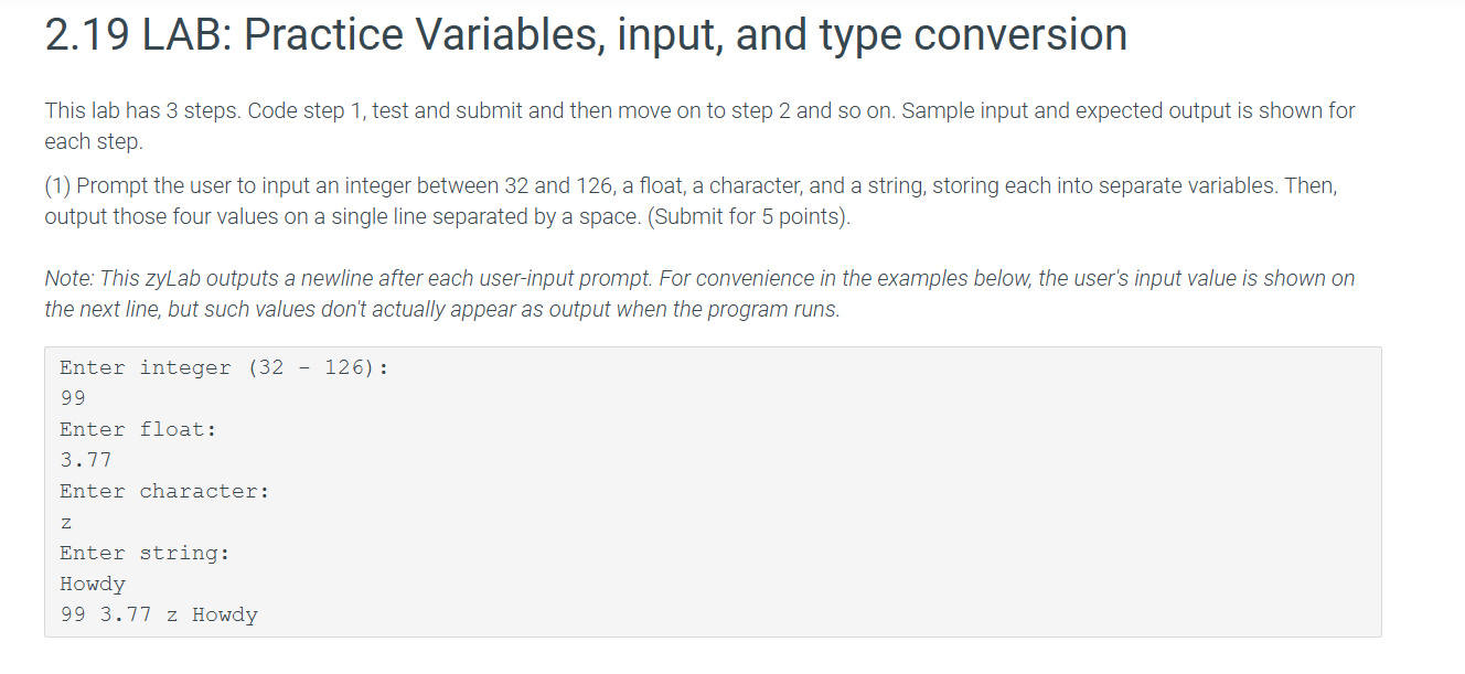 2 . 1 9 LAB: Practice Variables, input, and type