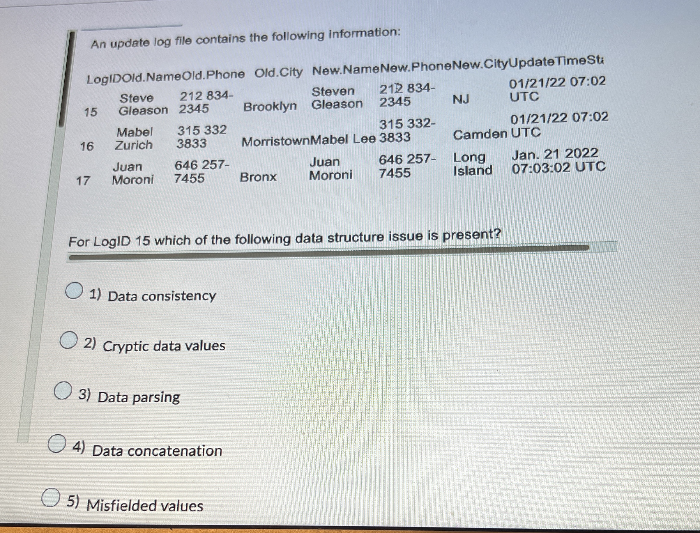 An update log file contains the following