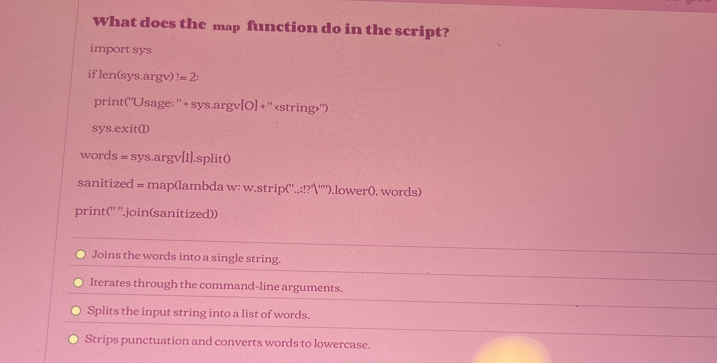 What does the map function do in the script?