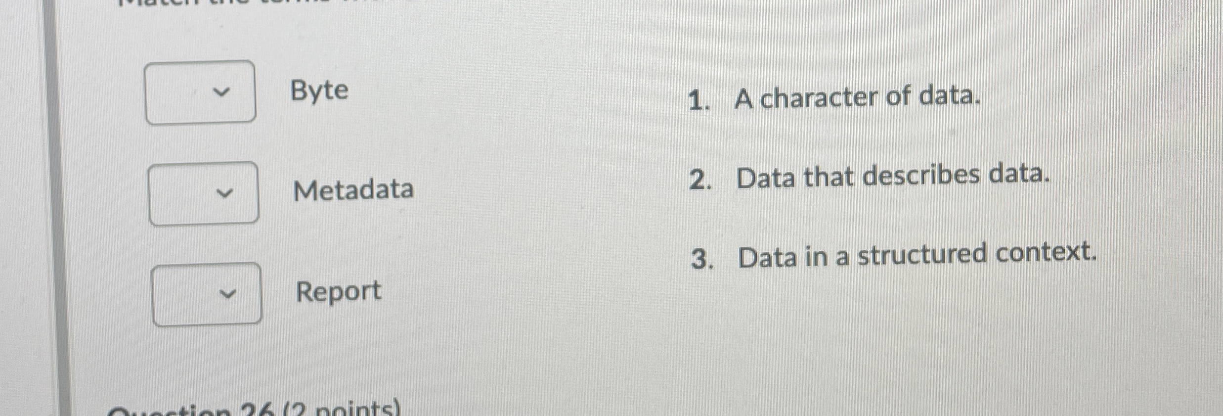Byte A character of data. Metadata Data that