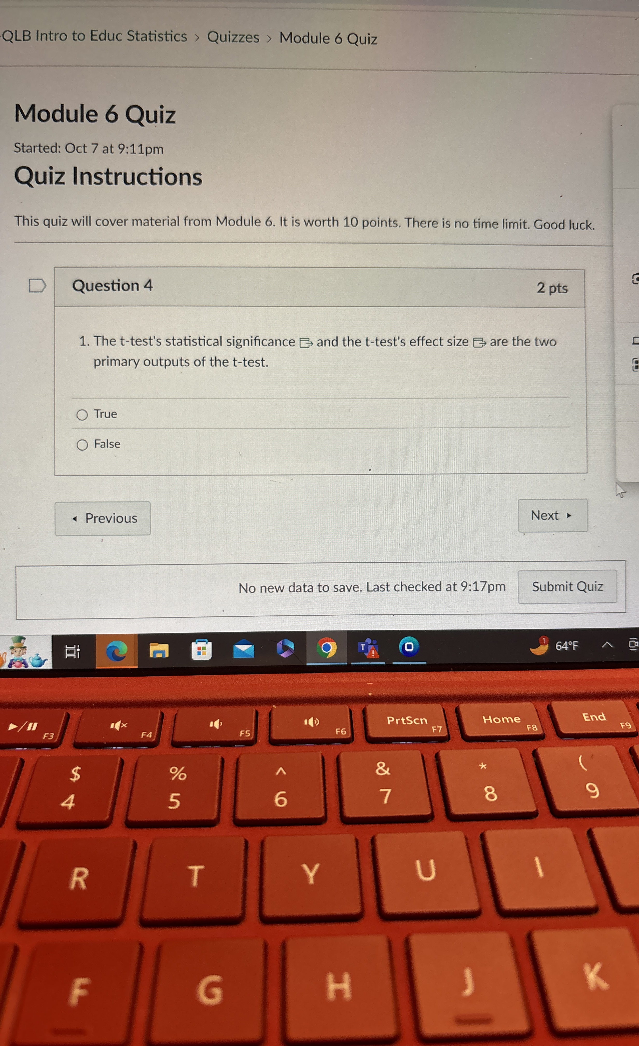 Question 4 2 pts The t - test's statistical