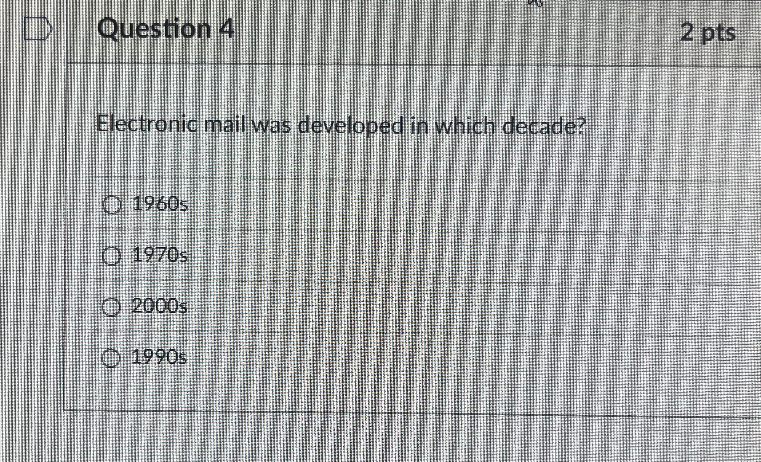 Question 4 2 pts Electronic mail was developed in