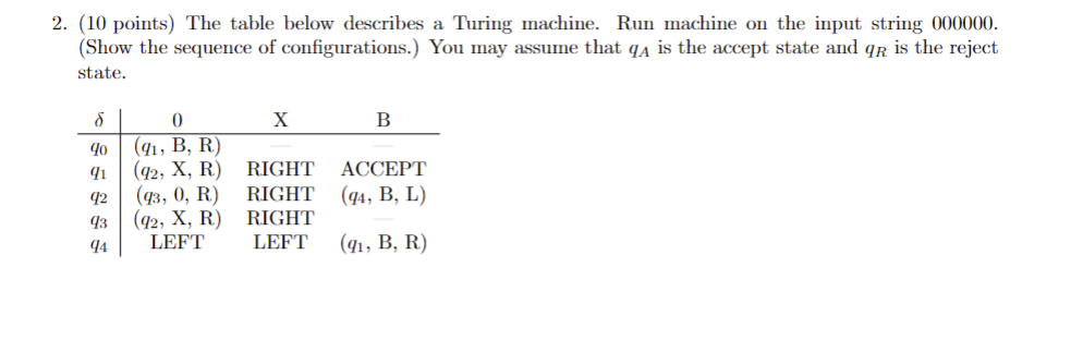 ( 1 0 points ) The table below describes a Turing