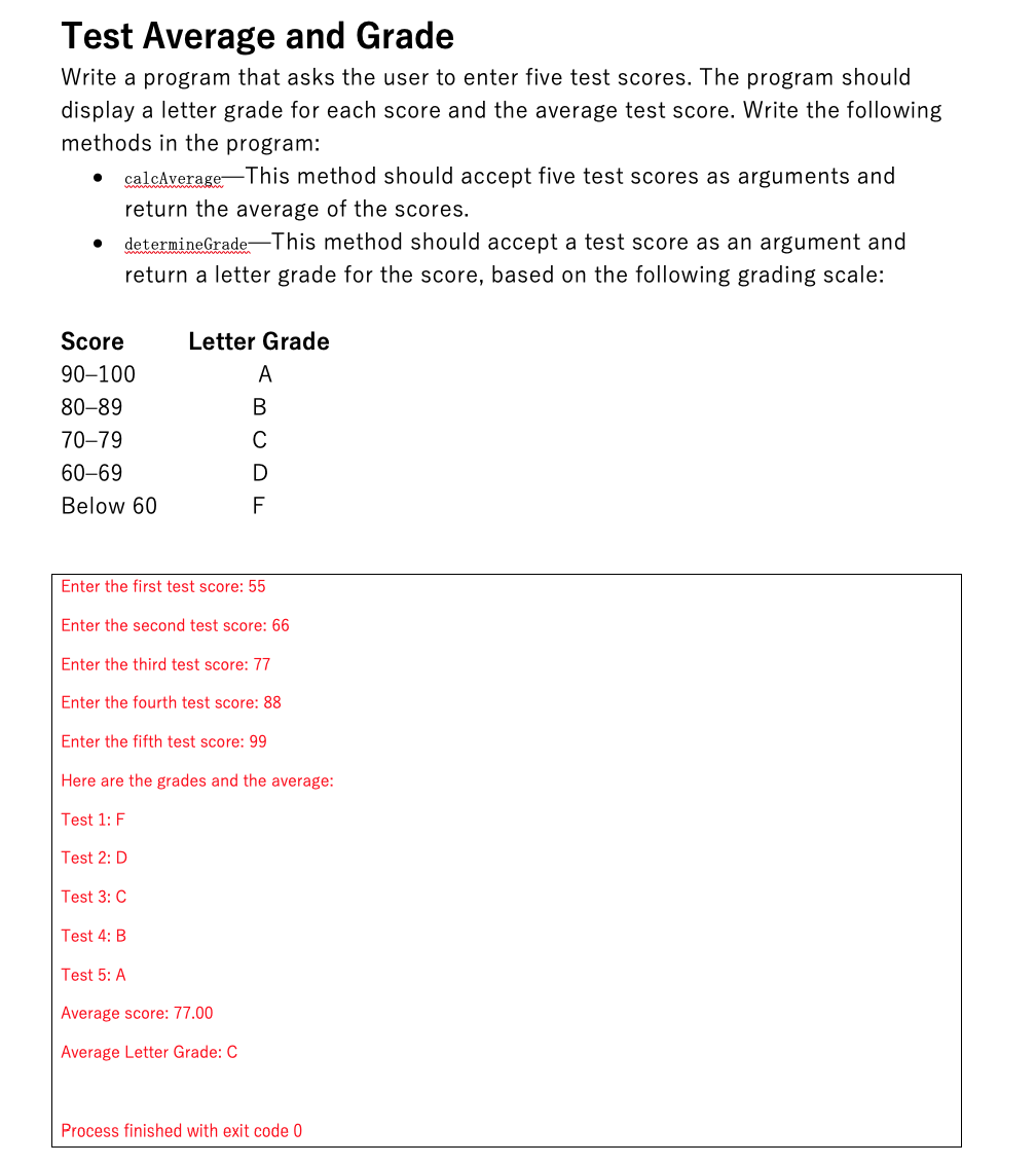 Write a program in Java. Test Average and Grade