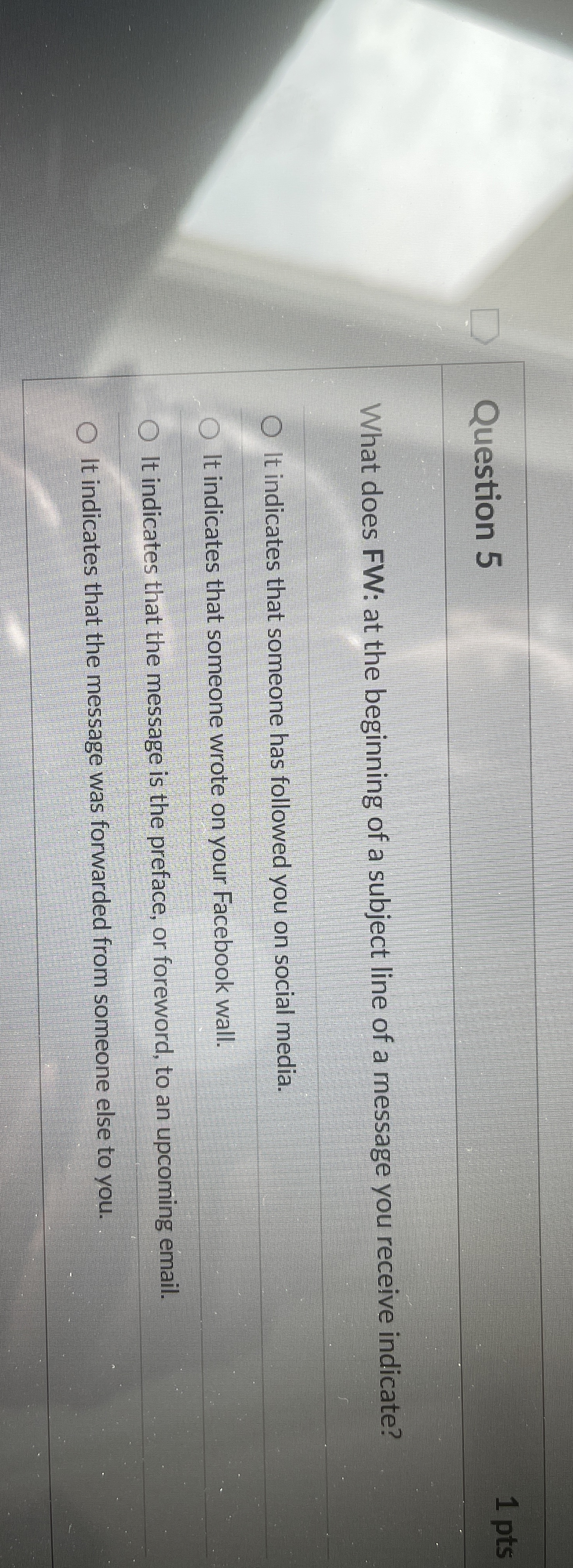 Question 5 What does FW: at the beginning of a