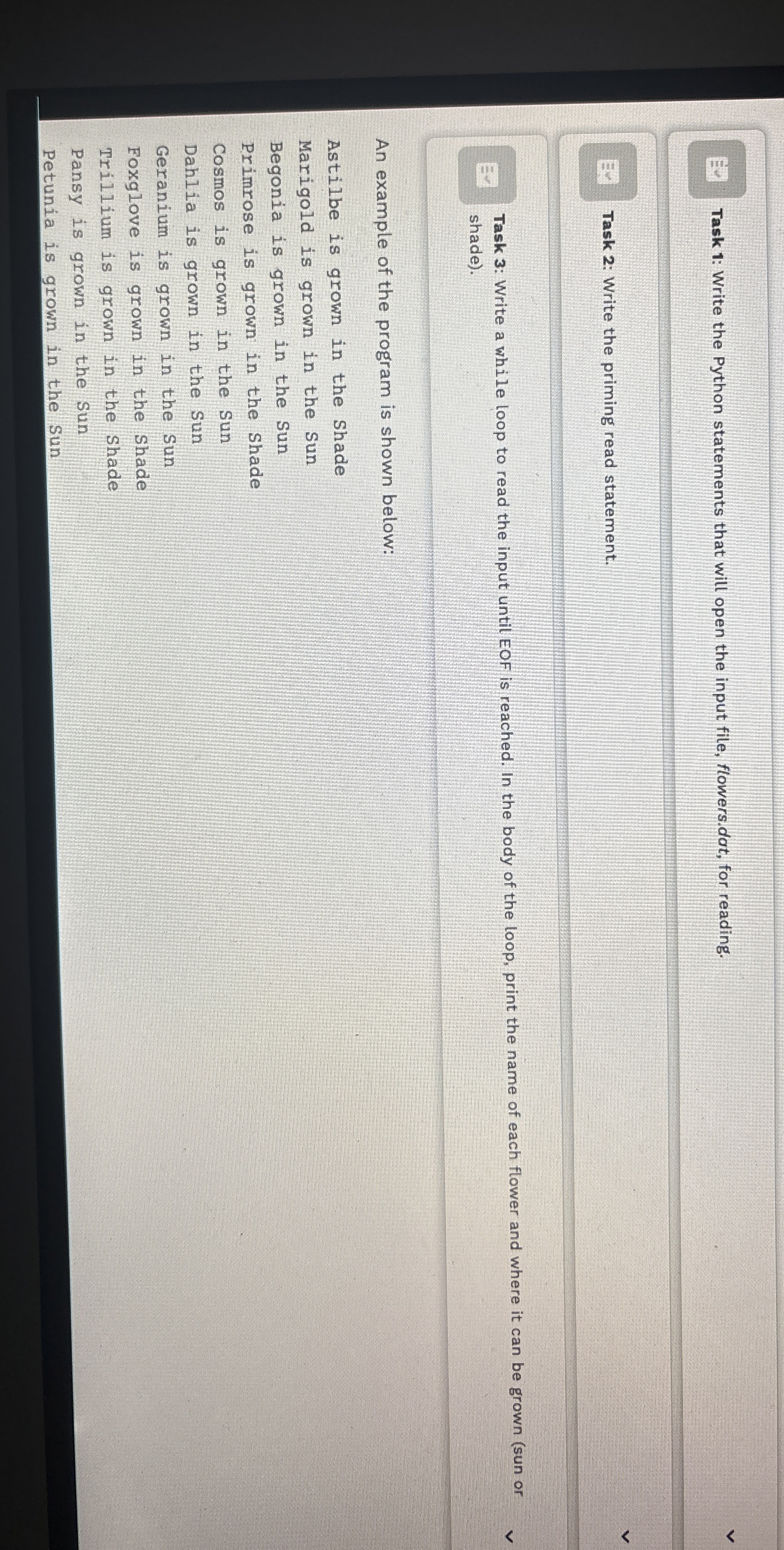 Task 1 : Write the Python statements that will