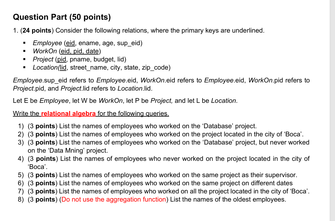 Question Part ( 5 0 points ) ( 2 4 points )