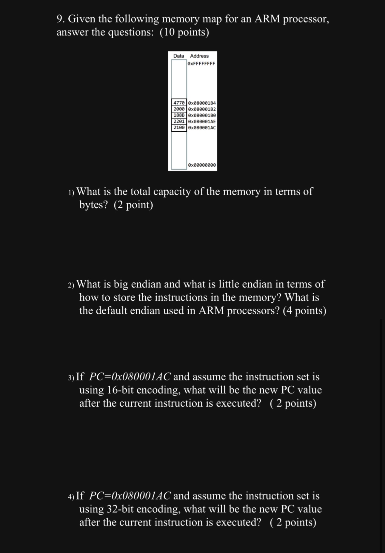 Given the following memory map for an ARM