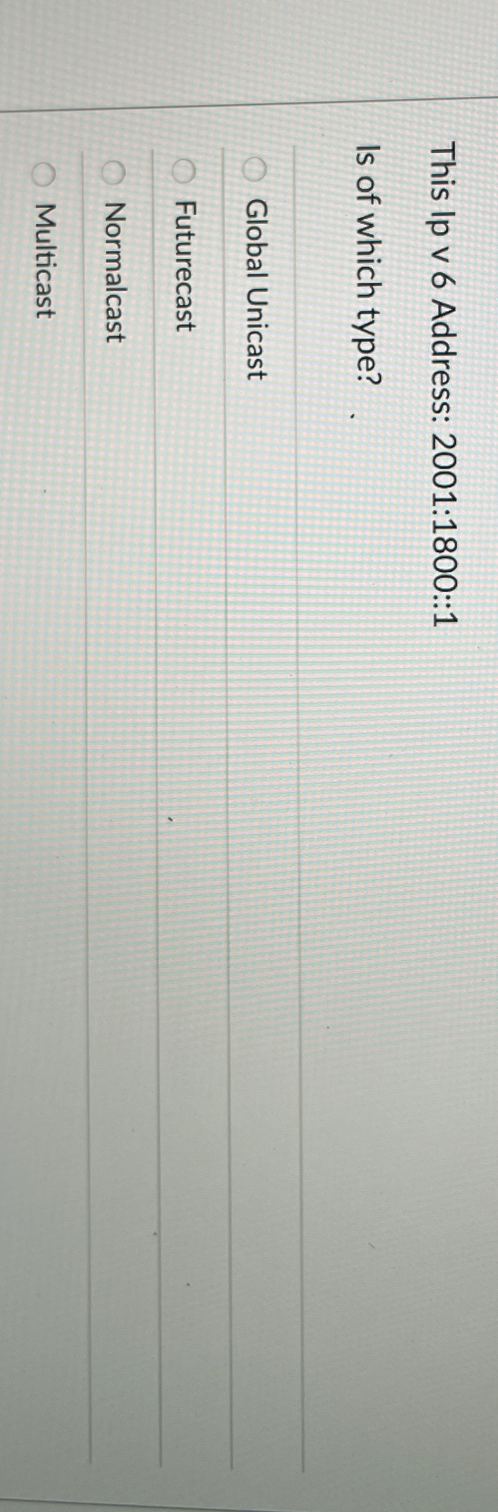 This Ip v 6 Address: 2 0 0 1 : 1 8 0 0 :: 1 Is of