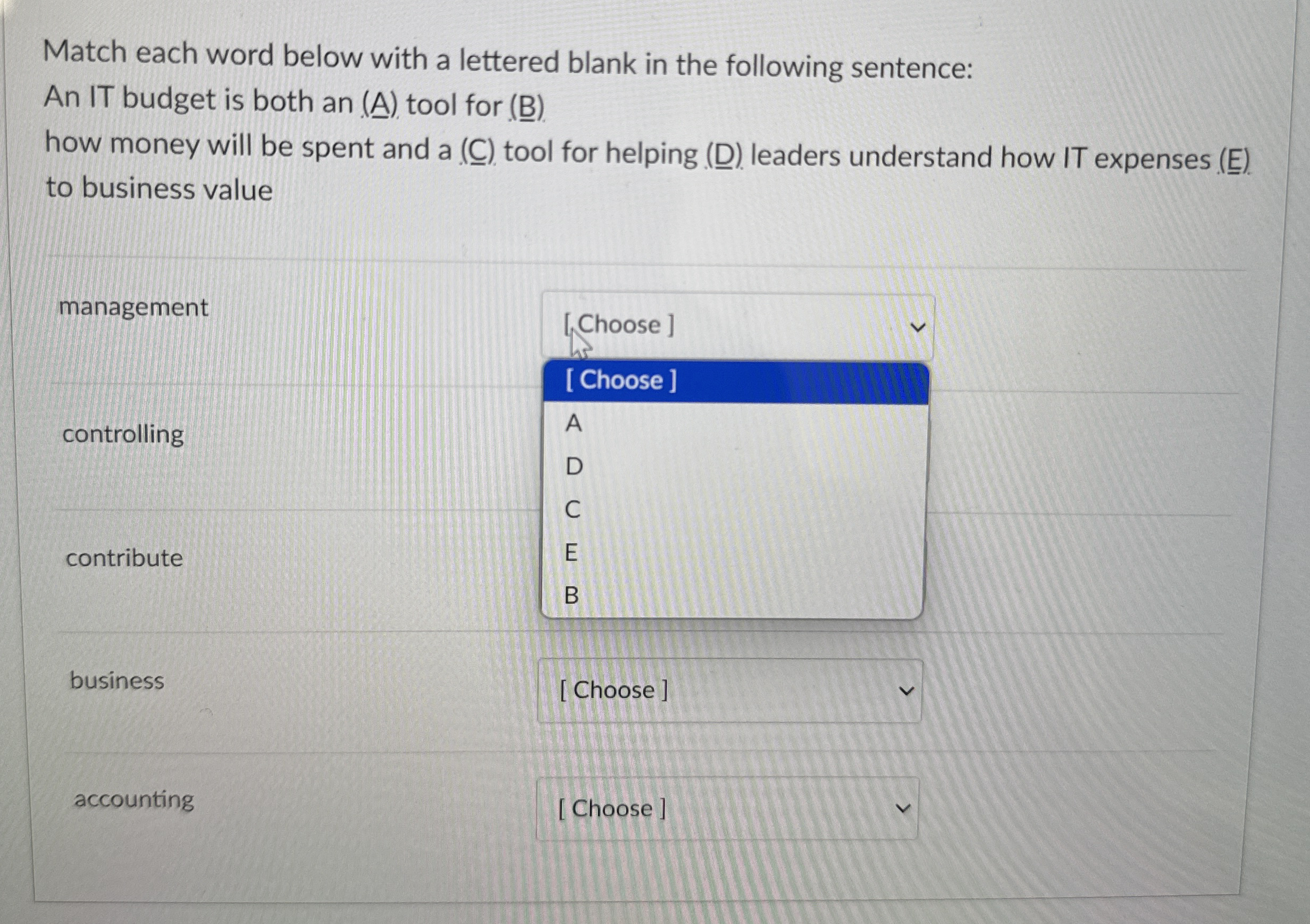 Match each word below with a lettered blank in