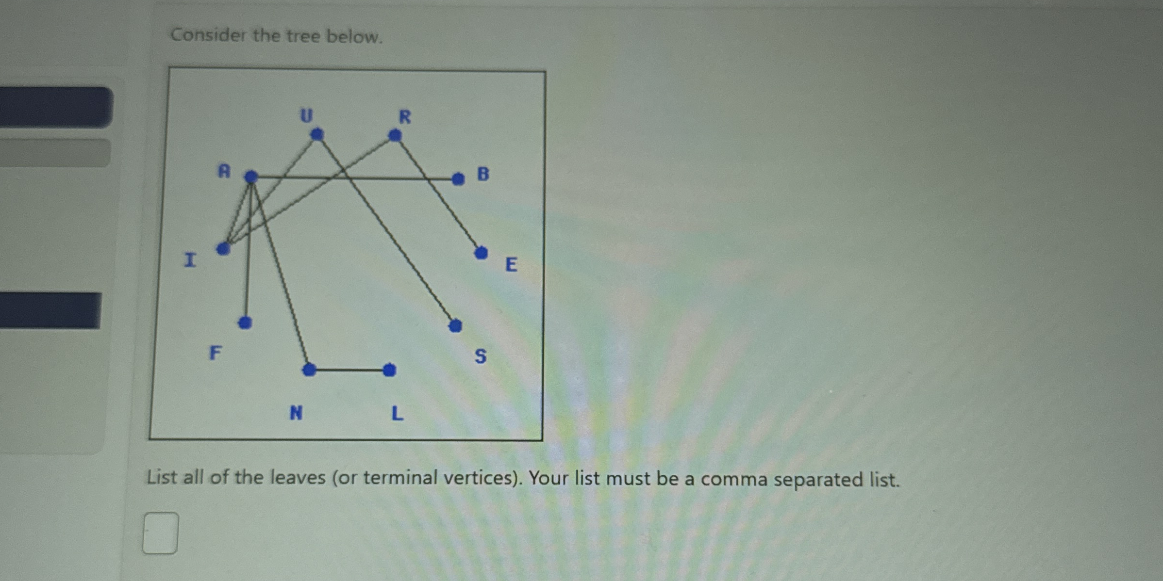 Consider the tree below. List all of the leaves (