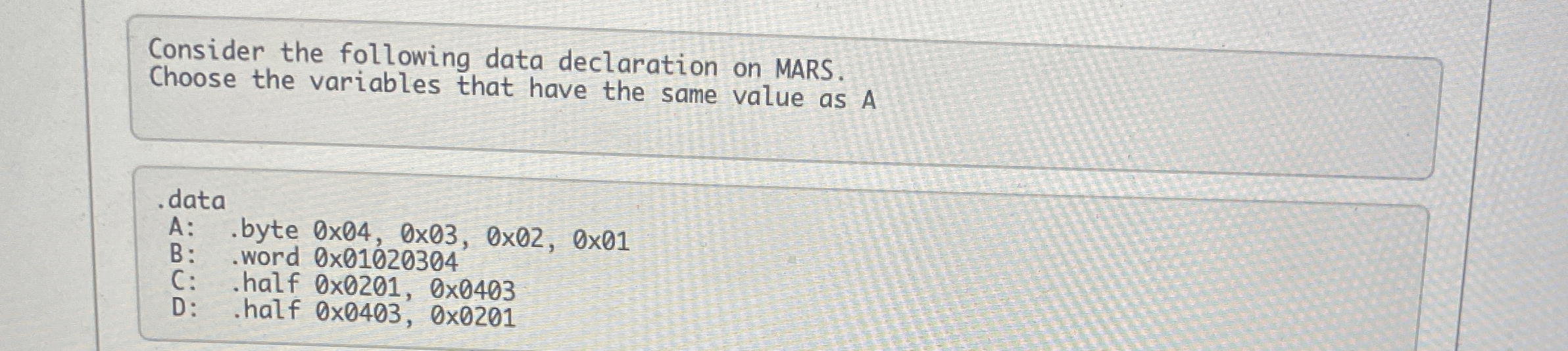 Consider the following data declaration on MARS.