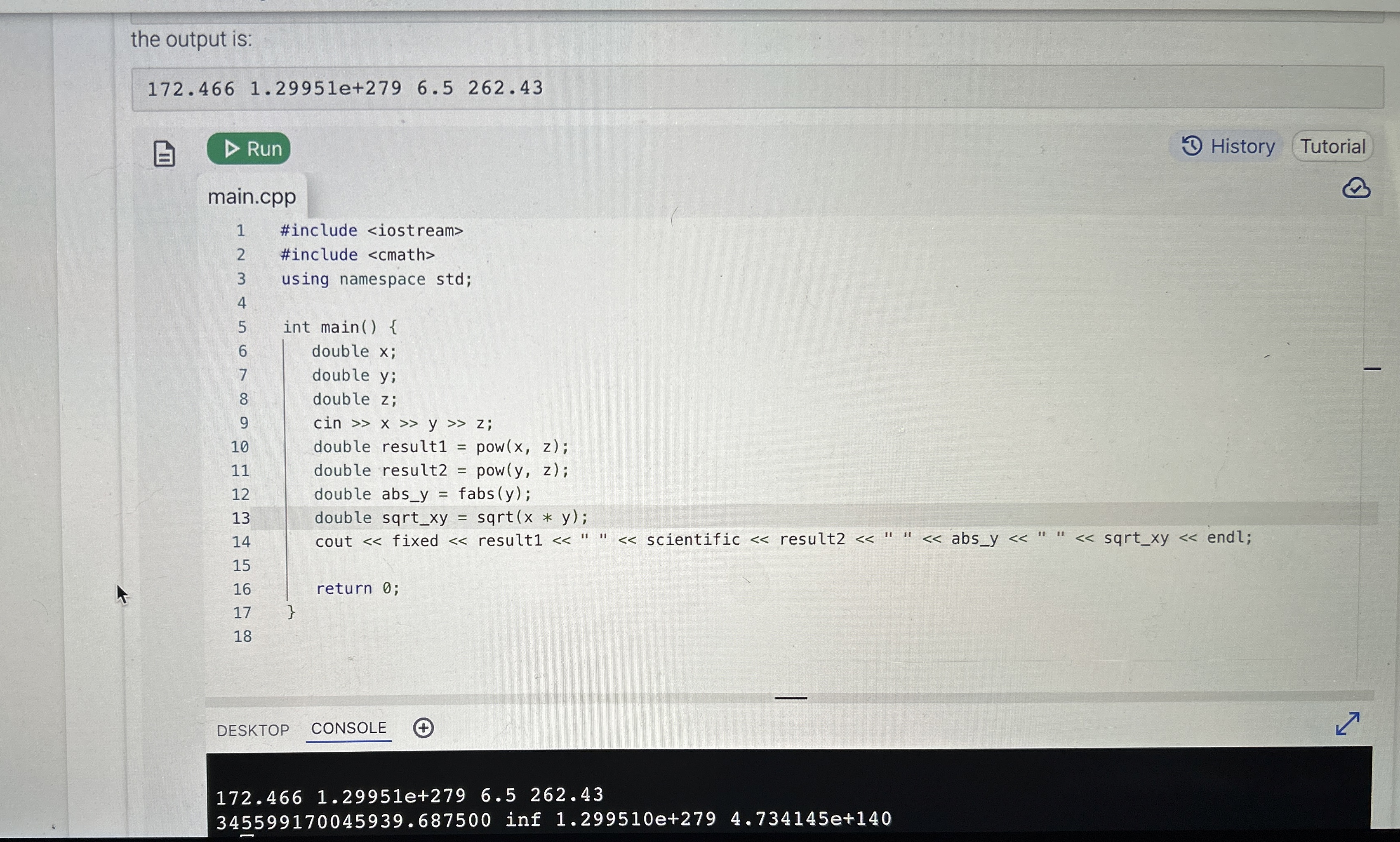 the output is: 1 7 2 . 4 6 6 , 1 . 2 9 9 5 1 e +