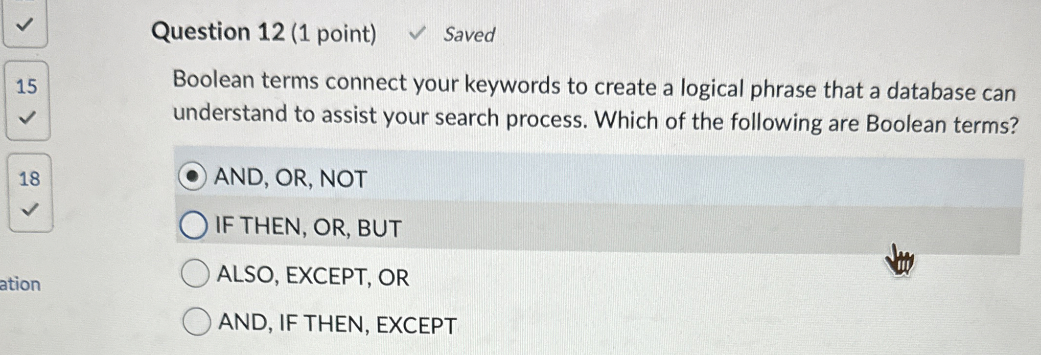 Question 1 2 ( 1 point ) Saved 1 5 Boolean terms