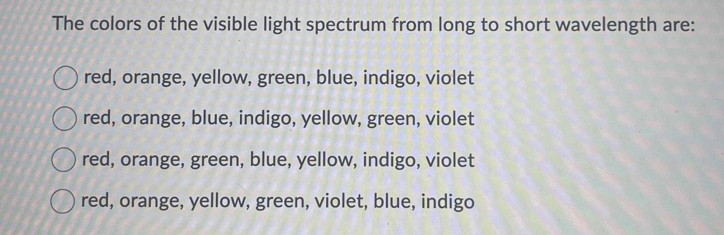 The colors of the visible light spectrum from