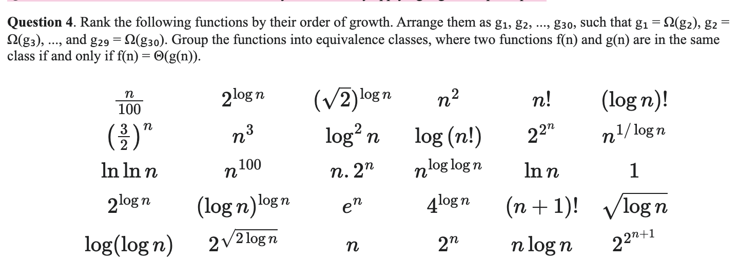 Question 4 . Rank the following functions by