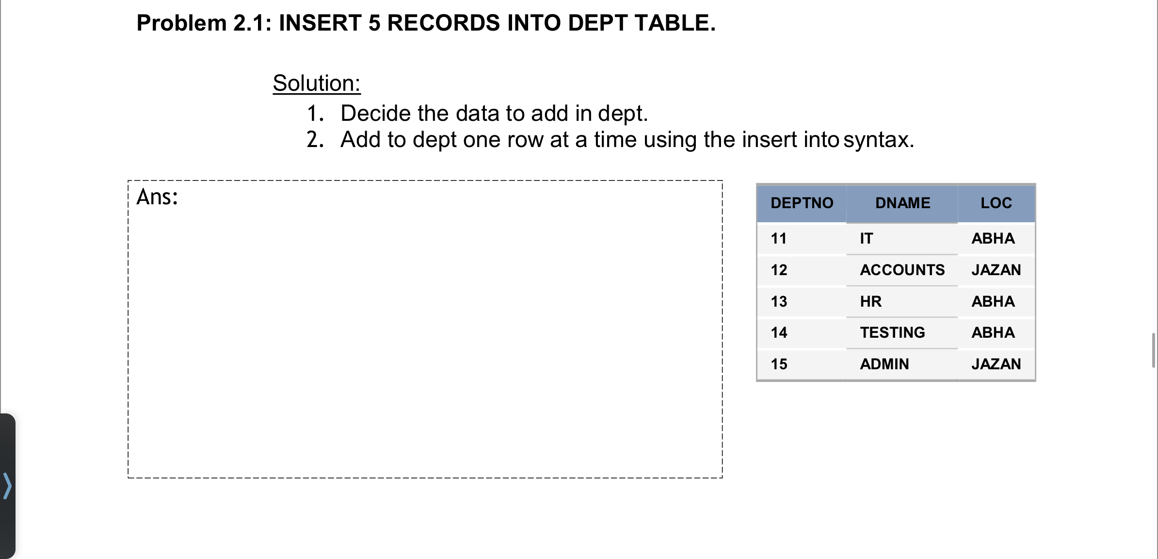 Problem 2 . 1 : INSERT 5 RECORDS INTO DEPT TABLE.
