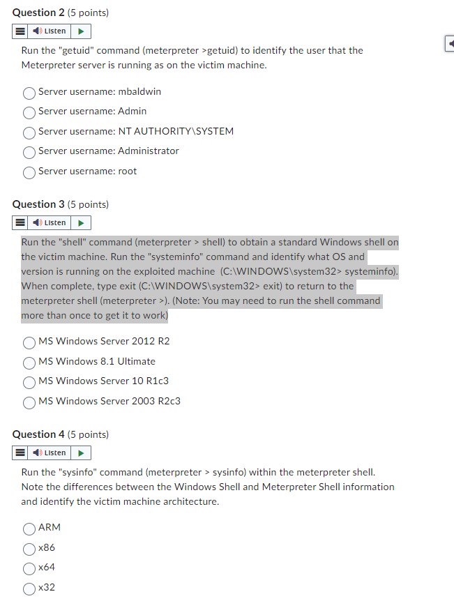 Question 2 ( 5 points ) Run the "getuid" command