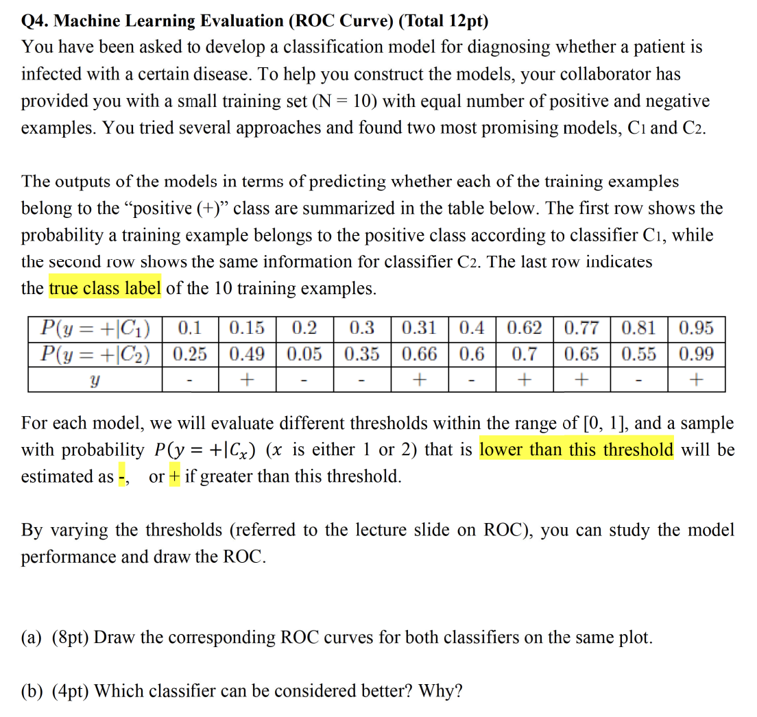 Q 4 . Machine Learning Evaluation ( ROC Curve ) (