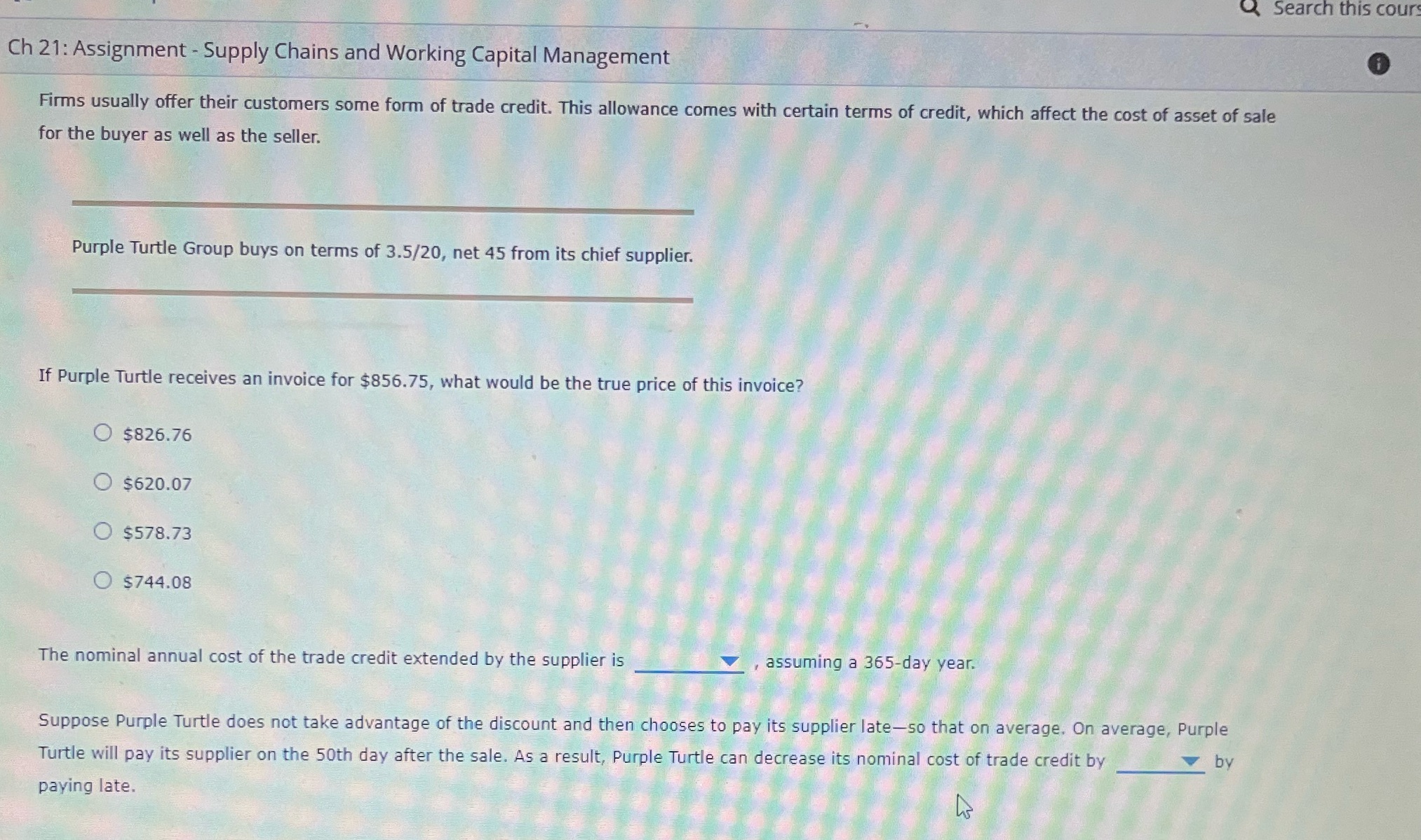 Search this cour Ch 21: Assignment - Supply