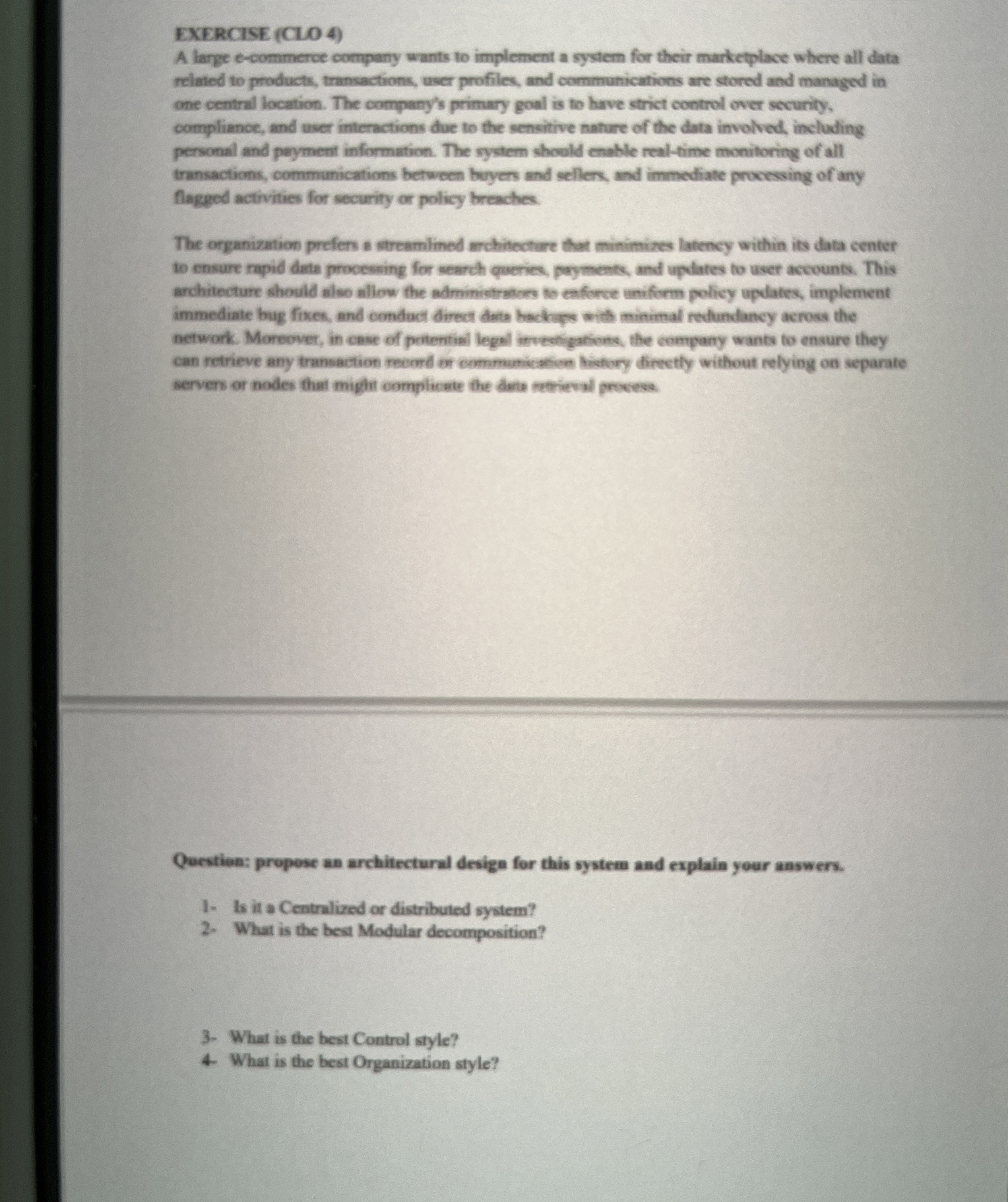 EXERCISE ( CLO 4 ) A large e - commerce company