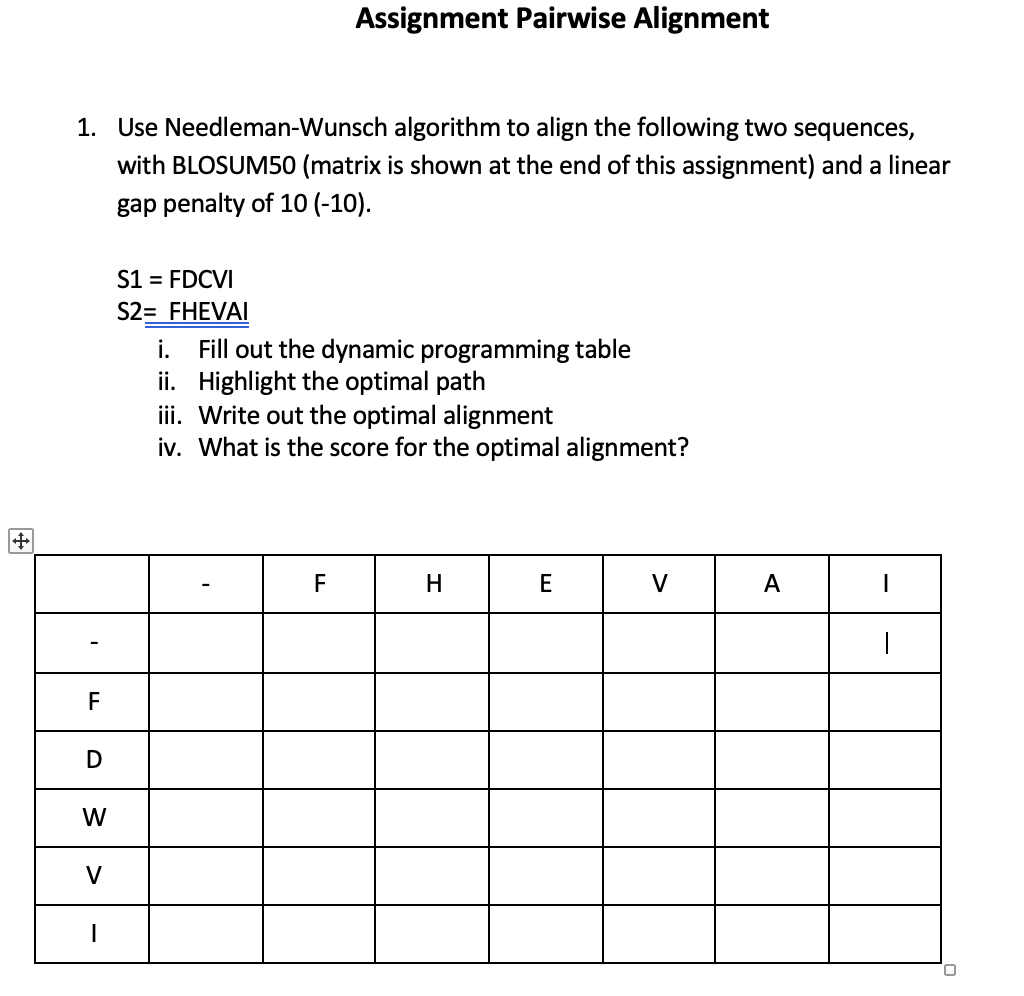Assignment Pairwise Alignment Use Needleman -