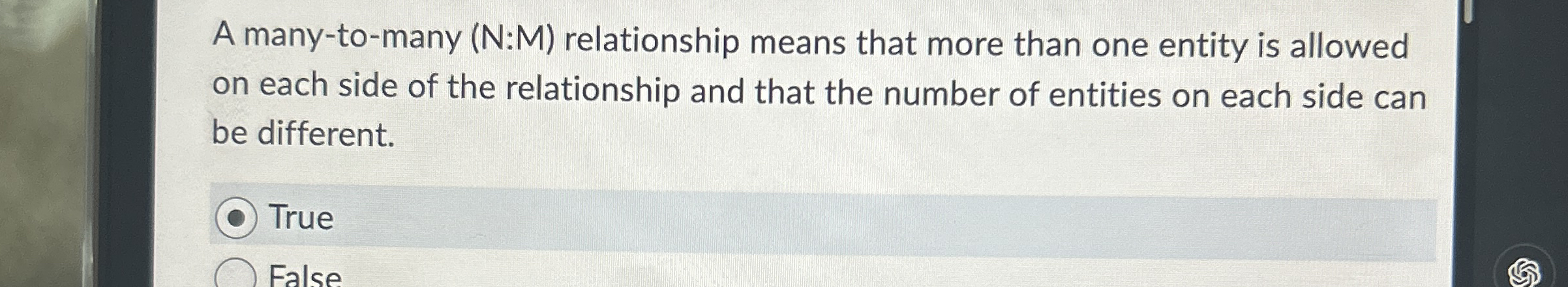 A many - to - many ( N : M ) relationship means