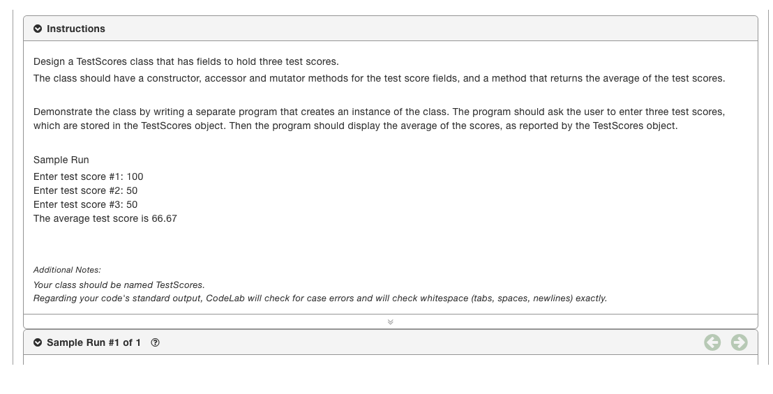 Java Instructions Design a TestScores class that