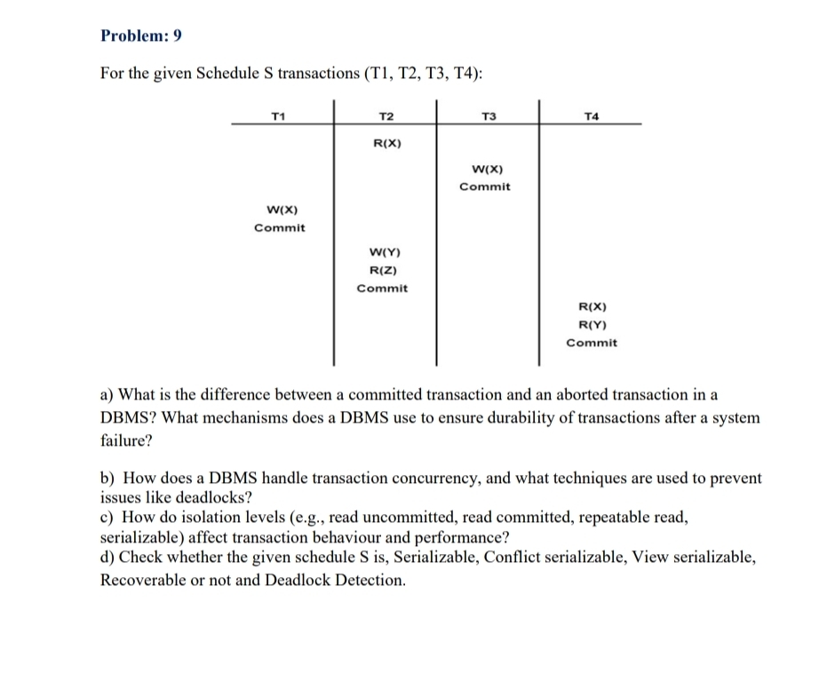 Problem: 9 For the given Schedule S transactions