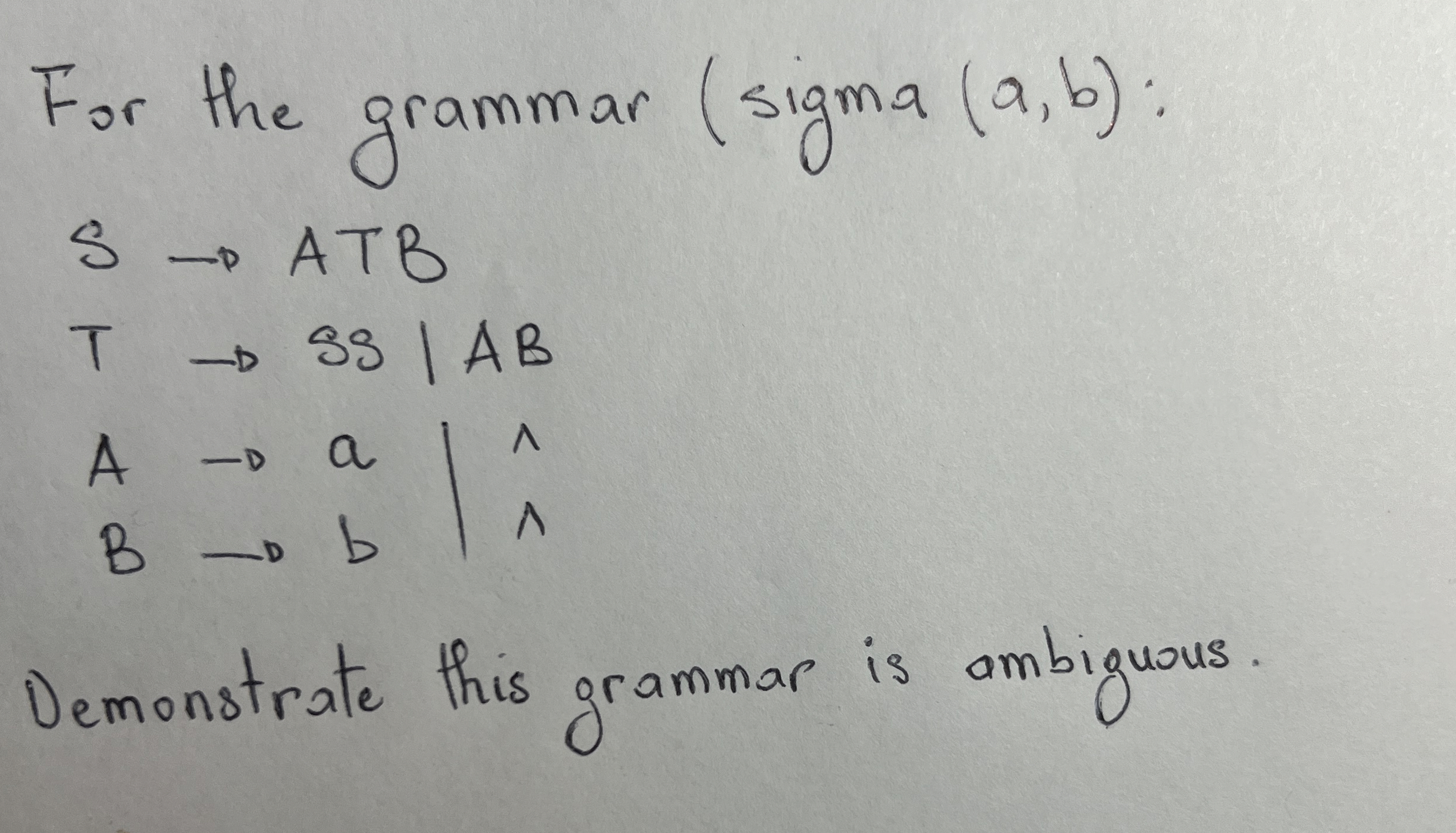 For the grammar : S ATB T S S | A B | | A a | B b