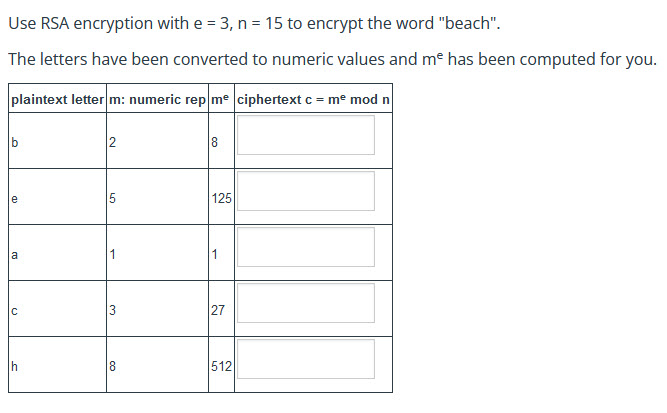 Use RSA encryption with e = 3 , n = 1 5 to