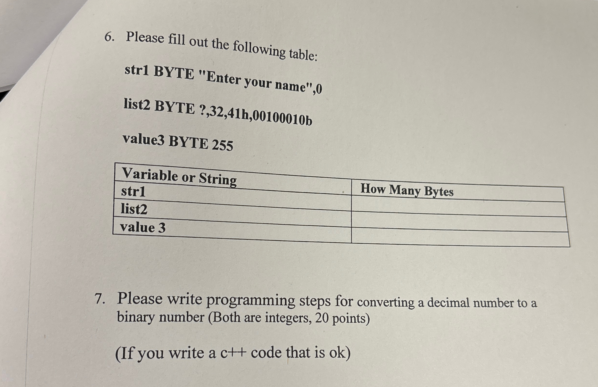 Please fill out the following table: str 1 BYTE