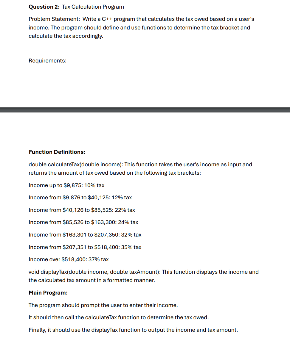 Question 2 : Tax Calculation Program Problem